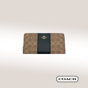 Coach Long Zip Around Wallet – Khaki Signature Canvas with Black Leather Stripe